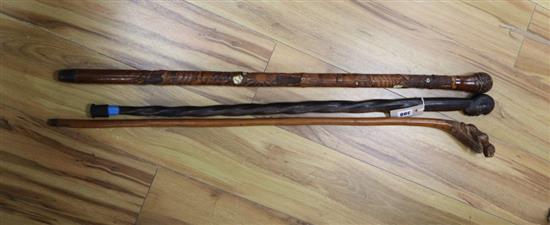 A Japanese Shibayama-style walking cane and two others, longest 90cm